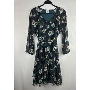 Cabi Midi Dress Women's Size Medium Navy Teal Floral Tiered Ruffle Long Sleeves